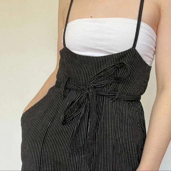 Pin Stripe Belted Cropped Overalls Black White Bow Spaghetti Strap Adjustable - Picture 3 of 11